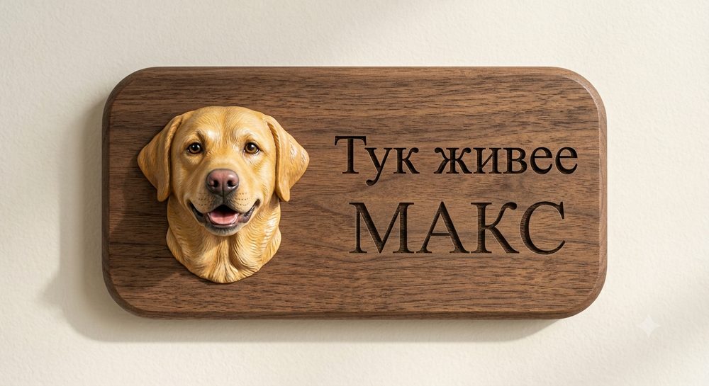 Табелка за врата с лице на куче и надпис Тук живее МАКС